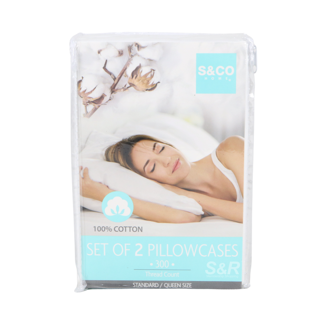 S&Co Home 100% Cotton Set of 2 Pillowcases 300TC Queen Size